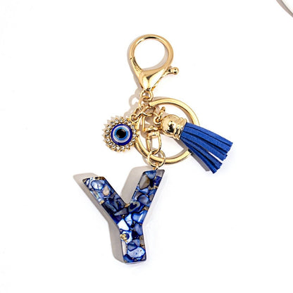 Custom Blue Evil Eye Initial Keychain – Personalized Resin Letter Bag Charm V Boutique Studio