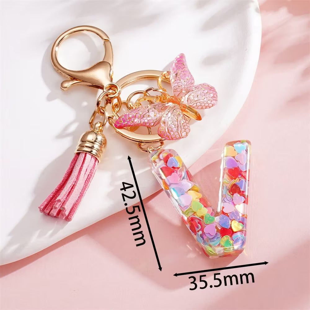 Custom Pink Glitter Initial Keychain with Butterfly & Heart Charm V Boutique Studio