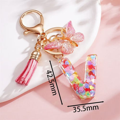 Custom Pink Glitter Initial Keychain with Butterfly & Heart Charm V Boutique Studio