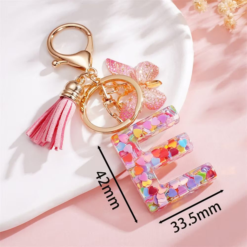 Custom Pink Glitter Initial Keychain with Butterfly & Heart Charm V Boutique Studio