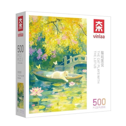 The Cat Plays with the Lotus 500 Piece Jigsaw Puzzle VINLAA