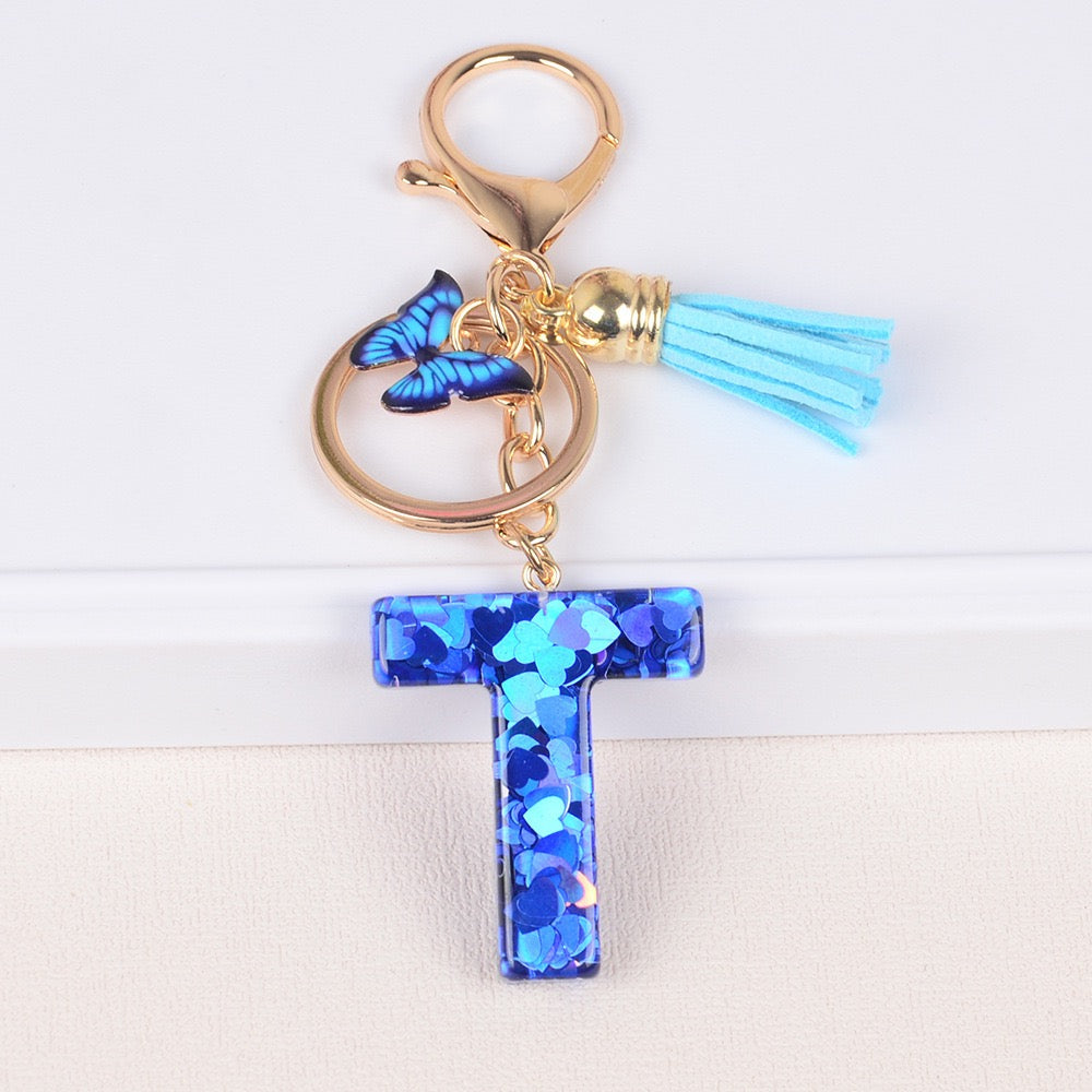 Blue Initial Letter Keychain with Butterfly & Tassel V Boutique Studio