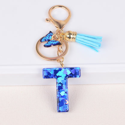 Blue Initial Letter Keychain with Butterfly & Tassel V Boutique Studio