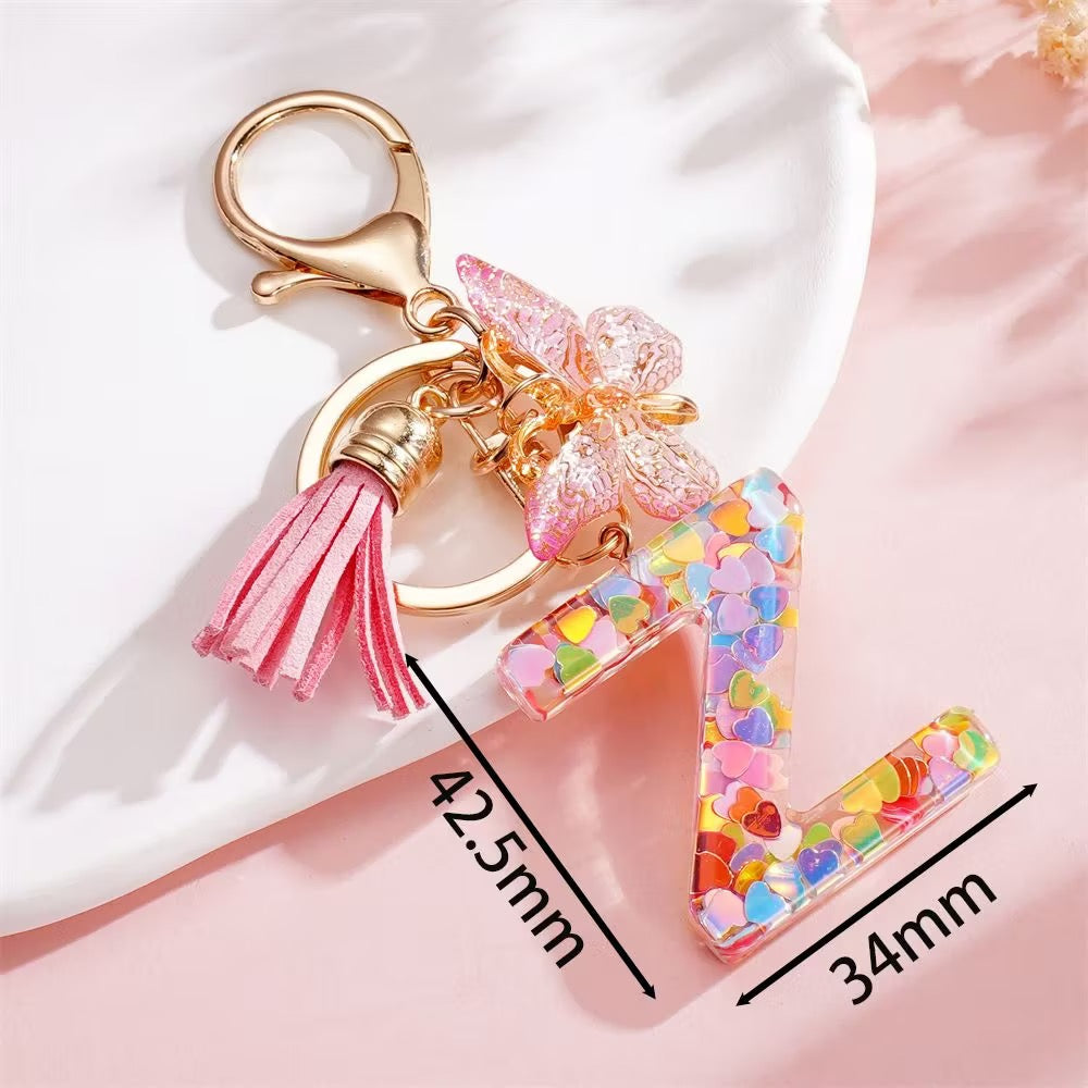 Custom Pink Glitter Initial Keychain with Butterfly & Heart Charm V Boutique Studio