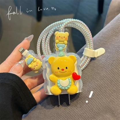 3D Cute Bear Charging Cable Cover Set – Cartoon Plug & Cord Protector