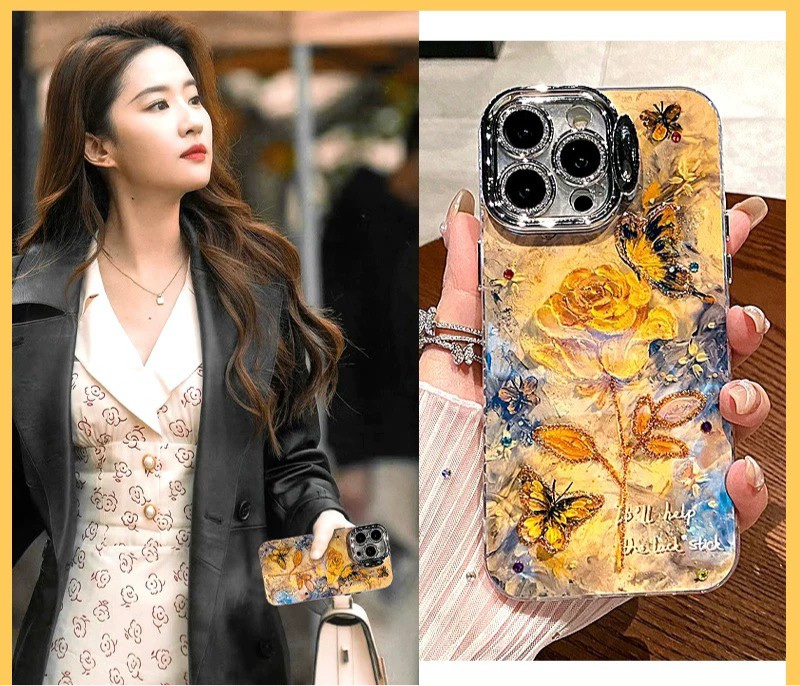 Coque de téléphone élégante avec motif papillon et rose jaune
