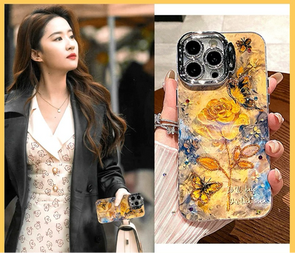 Coque de téléphone élégante avec motif papillon et rose jaune