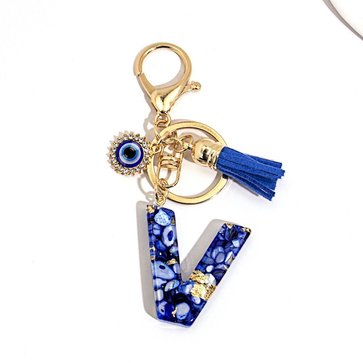 Custom Blue Evil Eye Initial Keychain – Personalized Resin Letter Bag Charm V Boutique Studio