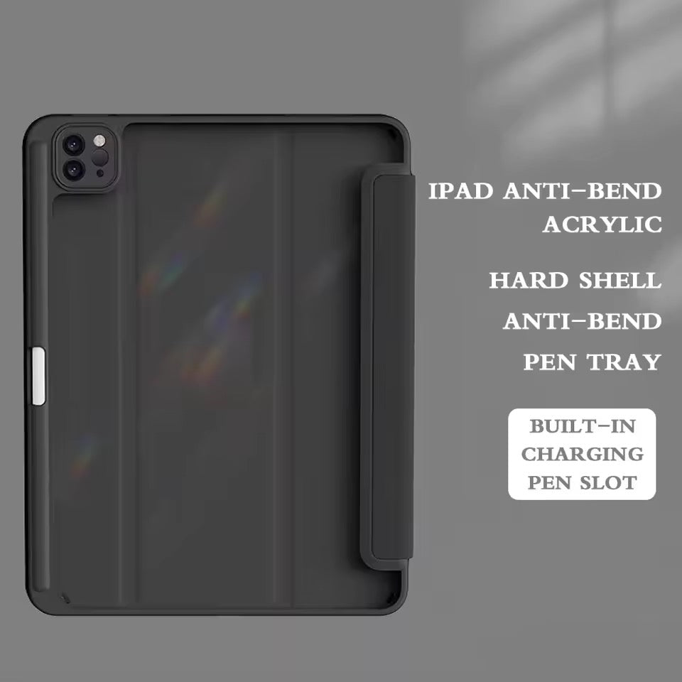 Clear Back iPad Case with Pencil Holder – Shockproof Tri-Fold Stand Cover