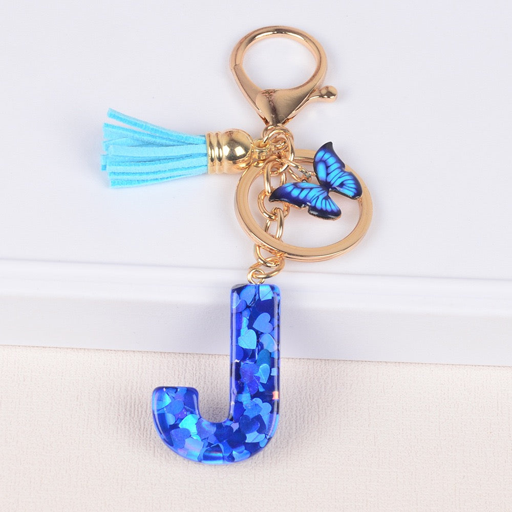 Blue Initial Letter Keychain with Butterfly & Tassel V Boutique Studio