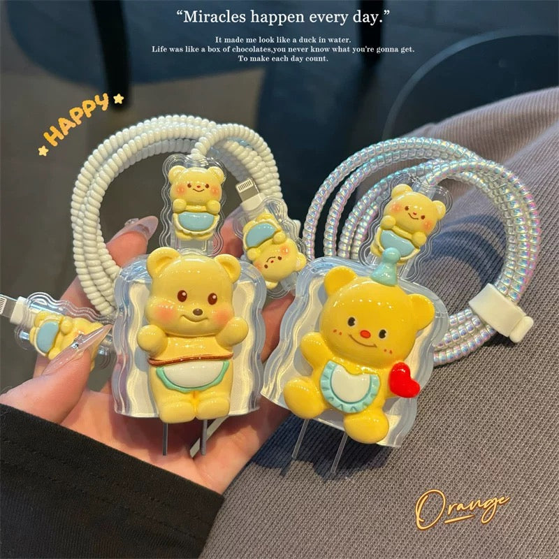 3D Cute Bear Charging Cable Cover Set – Cartoon Plug & Cord Protector
