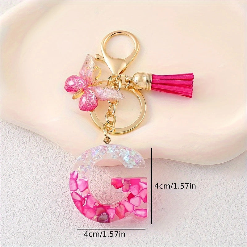 Hot Pink Glitter Resin Initial Keychain – Butterfly & Tassel Bag Charm