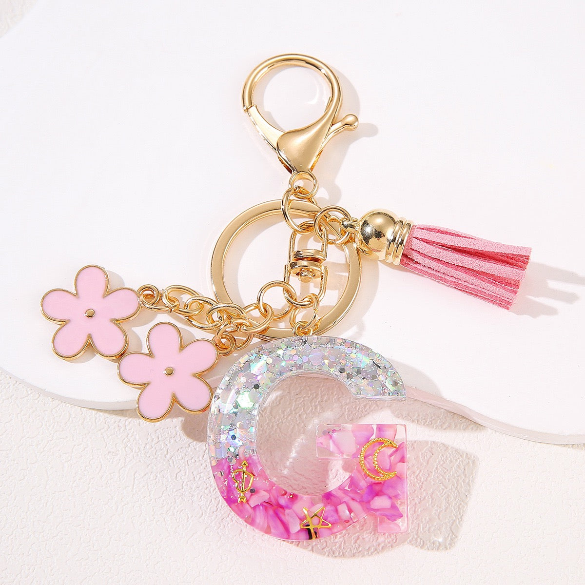 Glitter Resin Letter Keychain – Pink Flower & Tassel Charm