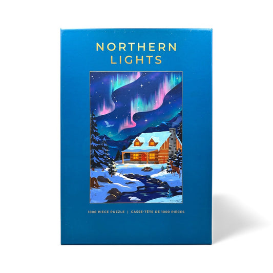Hobbry Northern Lights 1000 Piece Puzzle featuring a cozy cabin, snowy forest, and colorful northern lights.