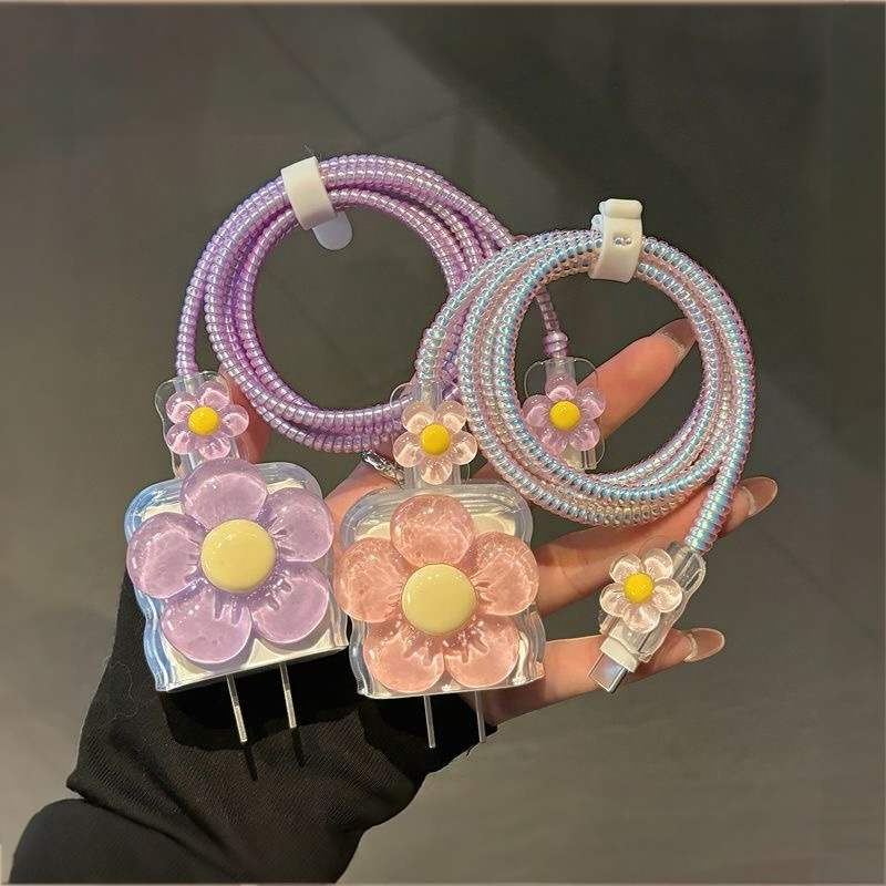 Cute Flower Charger Cover & Cable Protector Set – Kawaii Charging Accessories