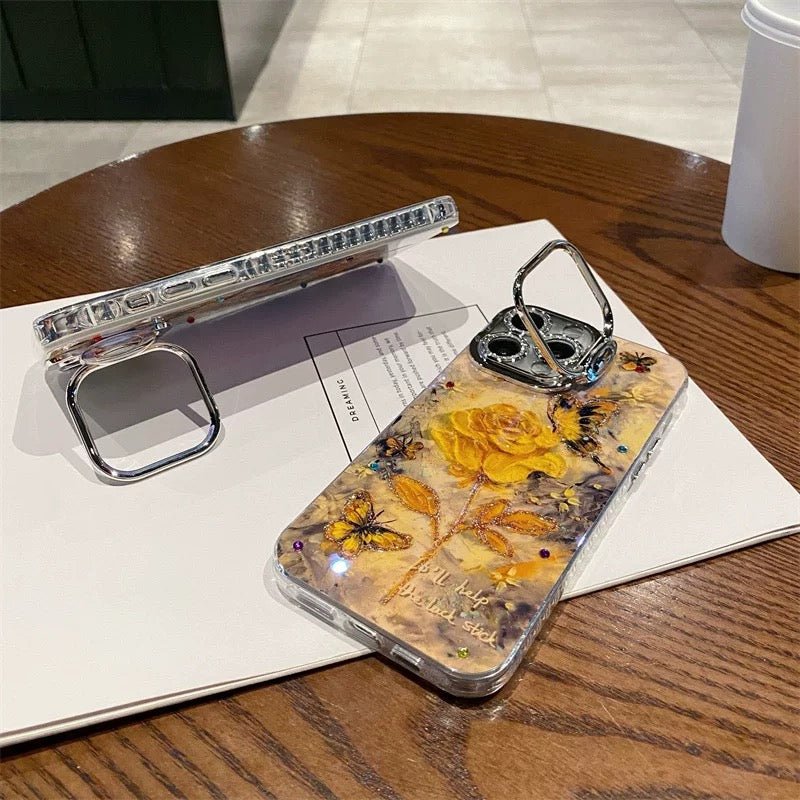 Coque de téléphone élégante avec motif papillon et rose jaune
