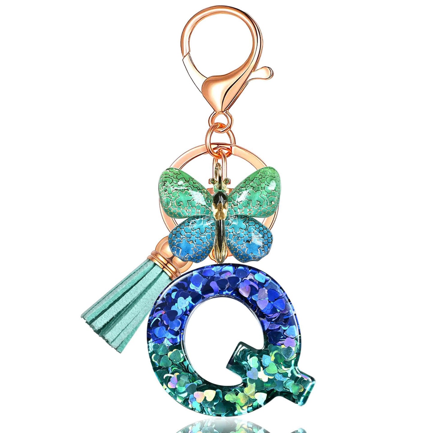 Blue-Green Resin Initial Keychain – Butterfly & Tassel Charm Gift