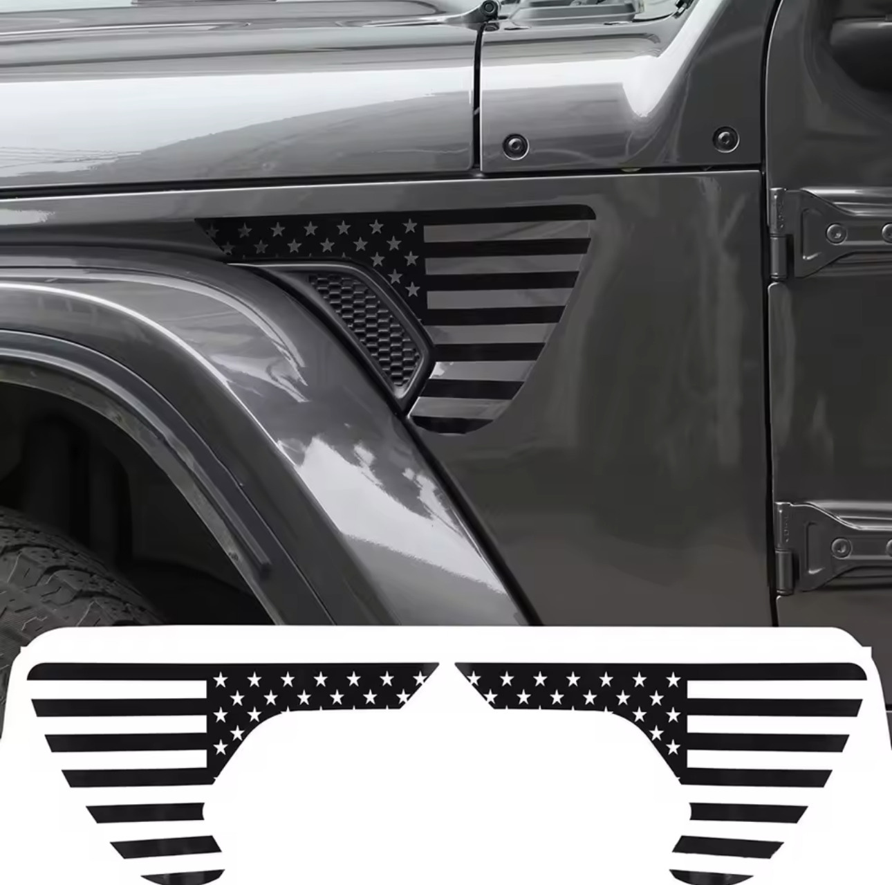 USA flag fender vent decals on grey Jeep Wrangler – matte black vinyl stickers for side vents, part of 2-piece decal set