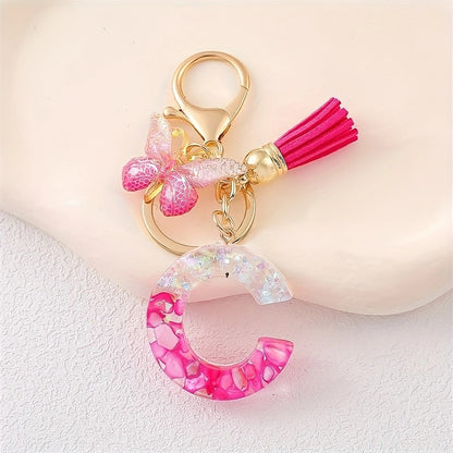 Hot Pink Glitter Resin Initial Keychain – Butterfly & Tassel Bag Charm
