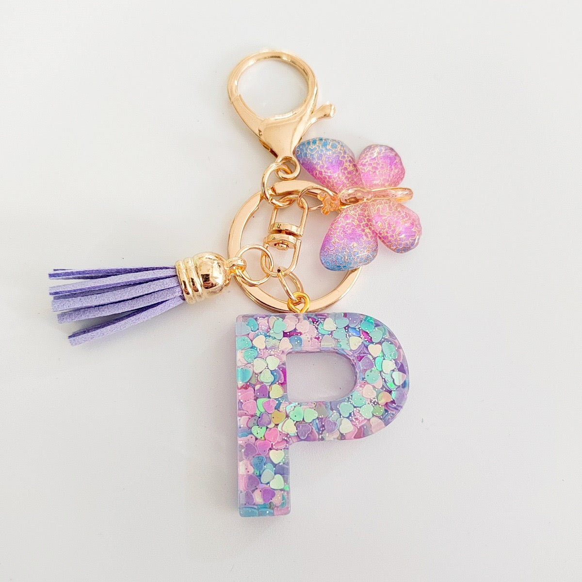 Glitter Resin Letter Keychain – Purple Tassel & Butterfly Charm