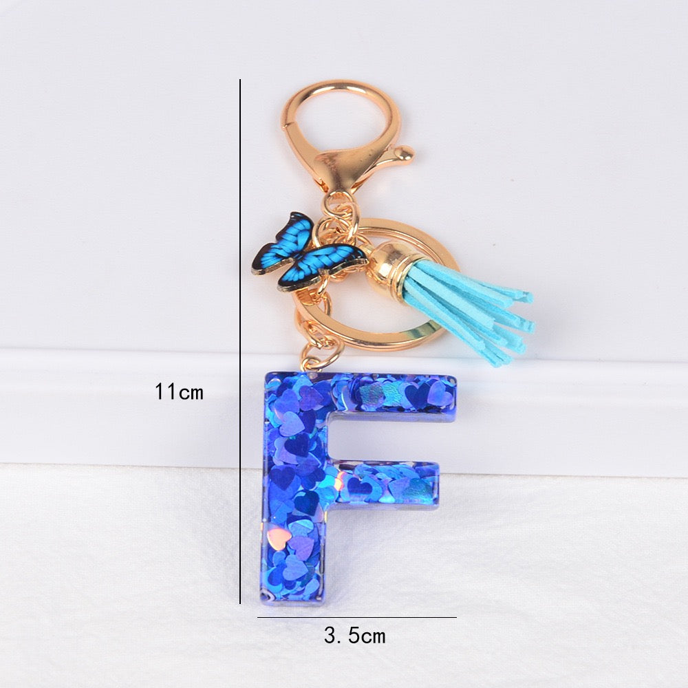 Blue Initial Letter Keychain with Butterfly & Tassel V Boutique Studio