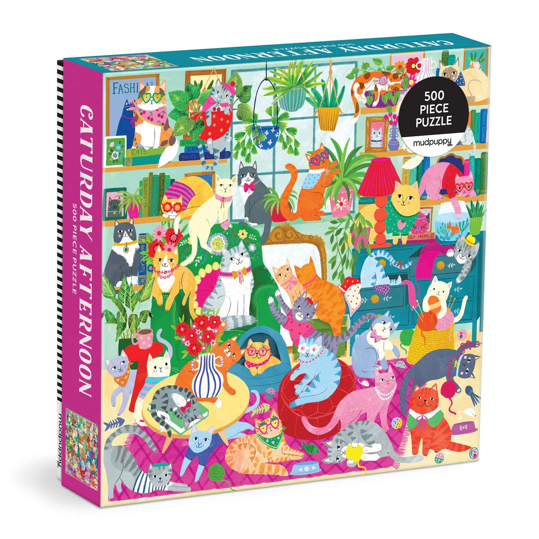 Caturday Afternoon 500-piece puzzle by Mudpuppy featuring a colorful scene of fashionable cats lounging in a cozy room filled with plants and décor.