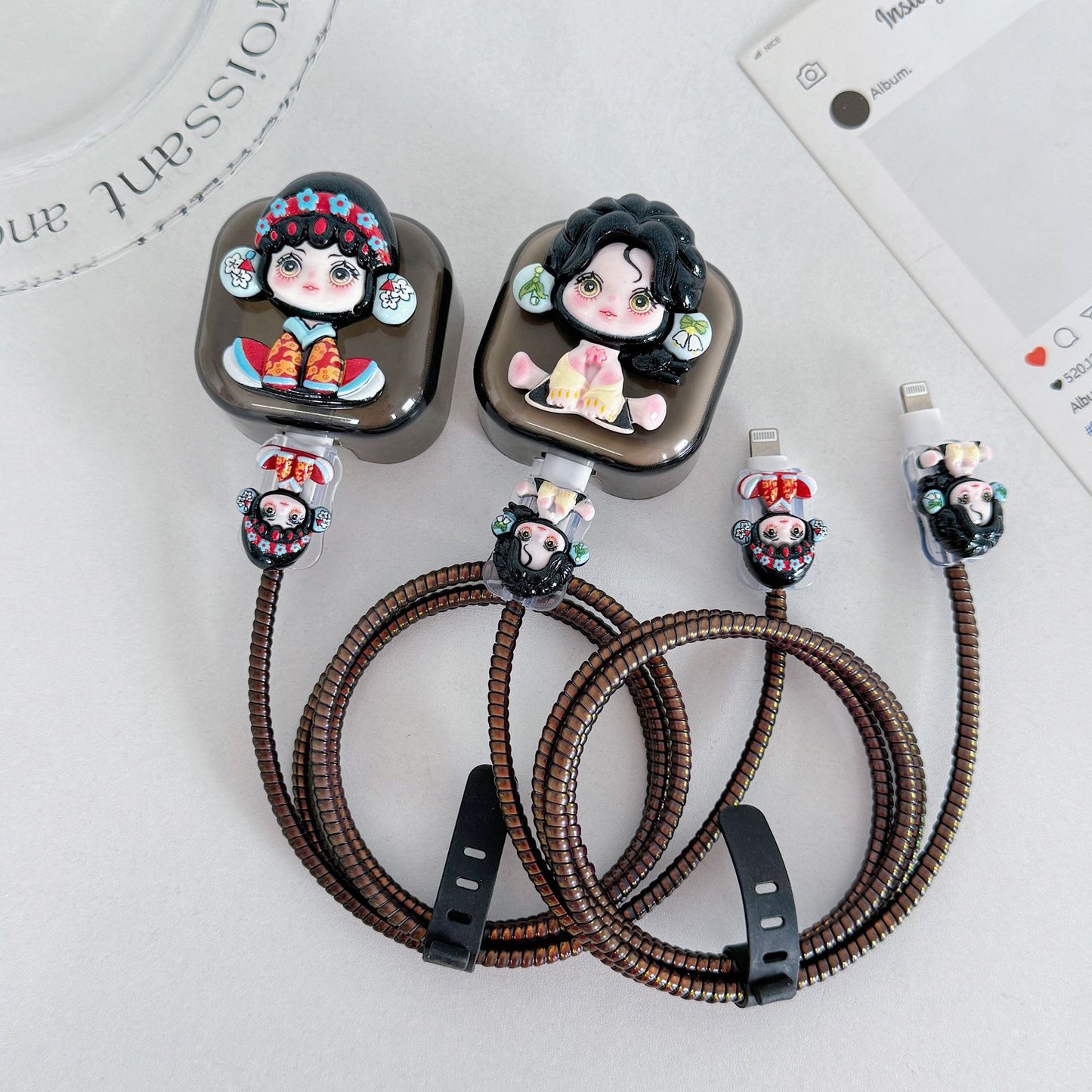 Cute Cartoon Girl Charging Cable Protector Set – 3D Plug, Cord & Case Covers