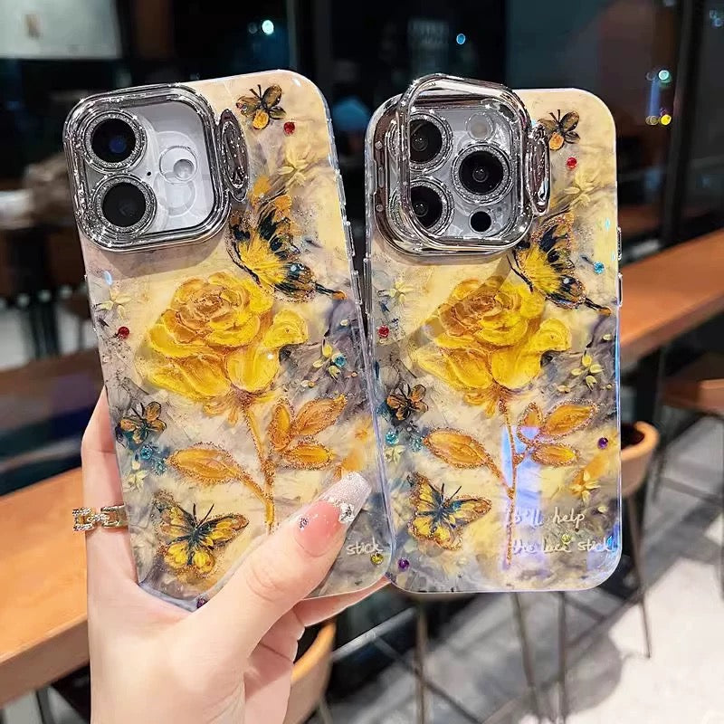 Coque de téléphone élégante avec motif papillon et rose jaune