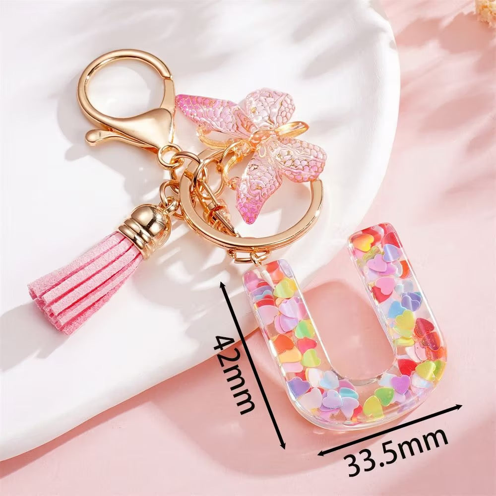Custom Pink Glitter Initial Keychain with Butterfly & Heart Charm V Boutique Studio