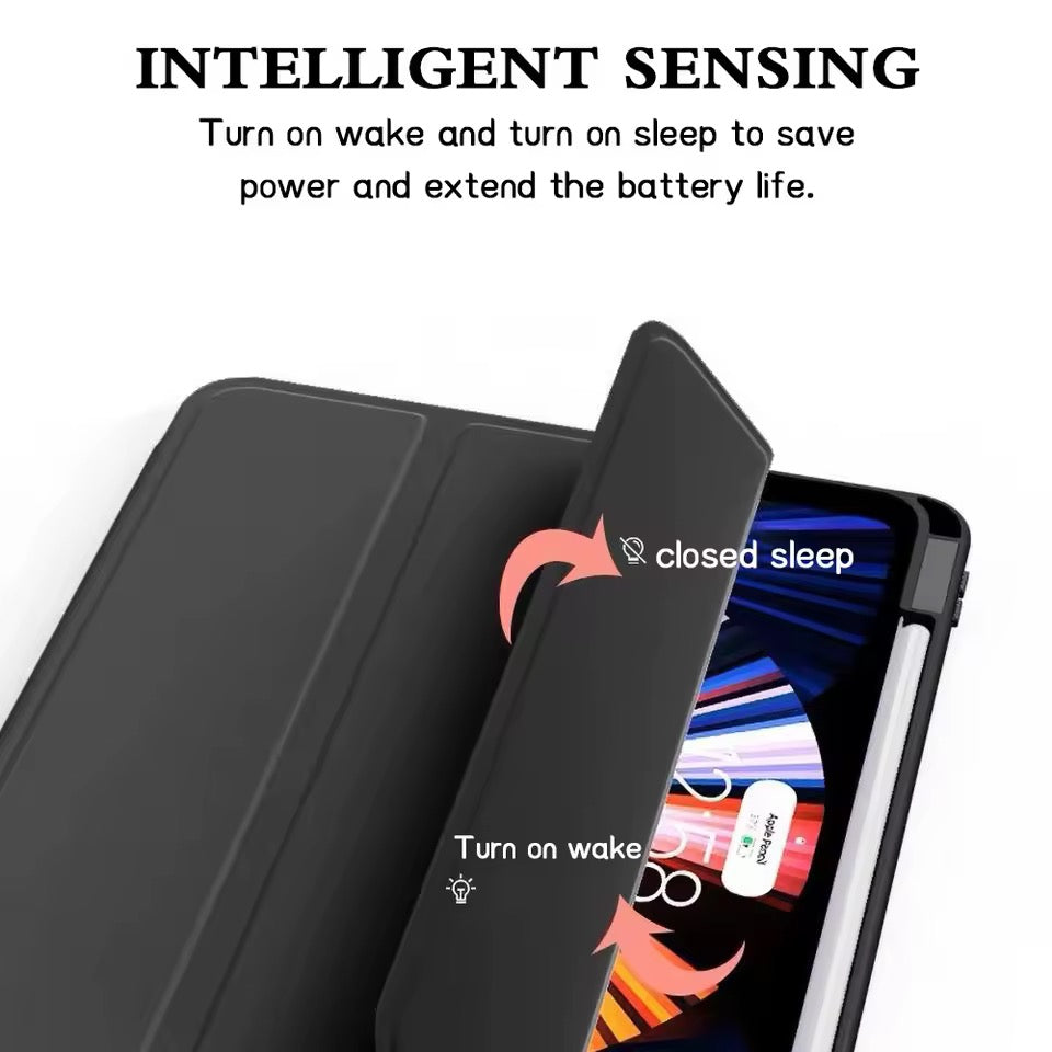 Clear Back iPad Case with Pencil Holder – Shockproof Tri-Fold Stand Cover