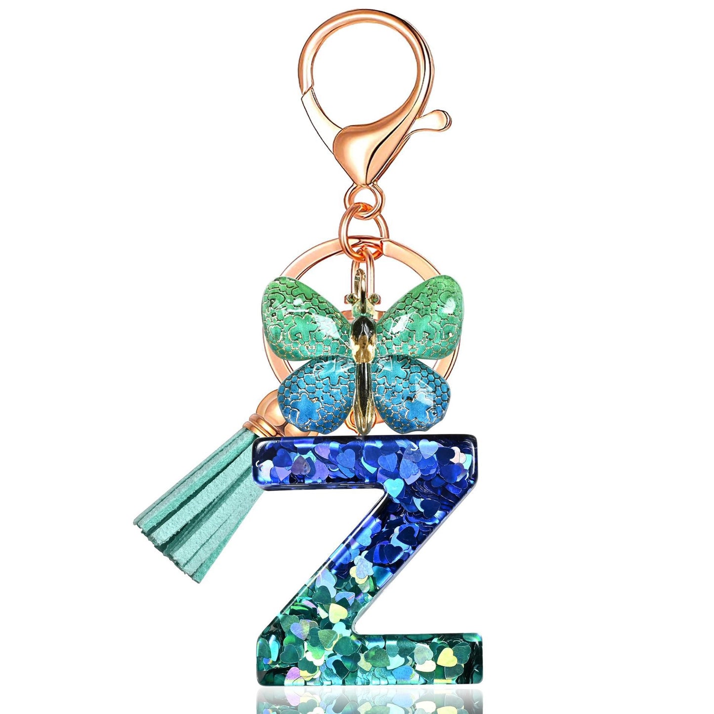 Blue-Green Resin Initial Keychain – Butterfly & Tassel Charm Gift