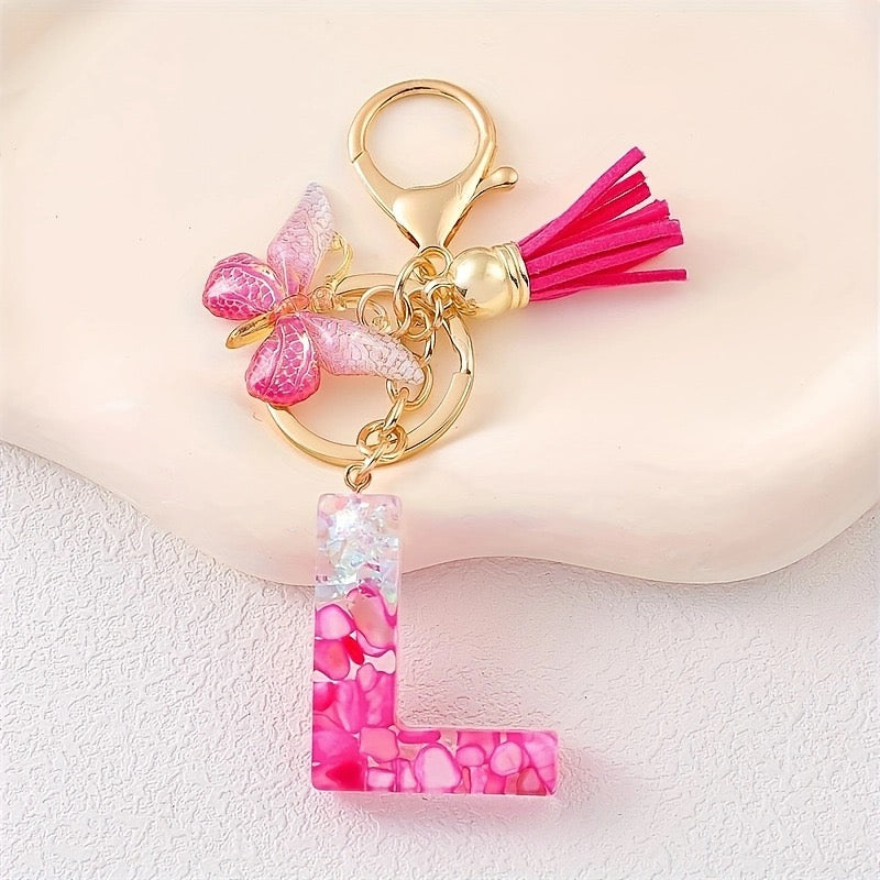 Hot Pink Glitter Resin Initial Keychain – Butterfly & Tassel Bag Charm