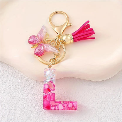 Hot Pink Glitter Resin Initial Keychain – Butterfly & Tassel Bag Charm