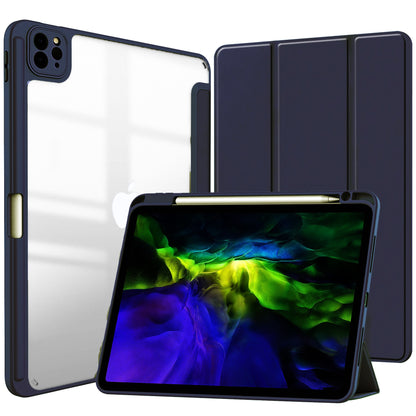 Clear Back iPad Case with Pencil Holder – Shockproof Tri-Fold Stand Cover