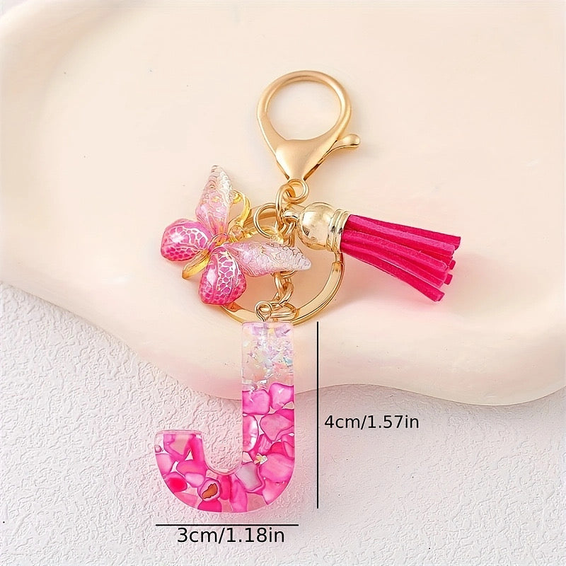 Hot Pink Glitter Resin Initial Keychain – Butterfly & Tassel Bag Charm