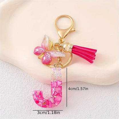 Hot Pink Glitter Resin Initial Keychain – Butterfly & Tassel Bag Charm