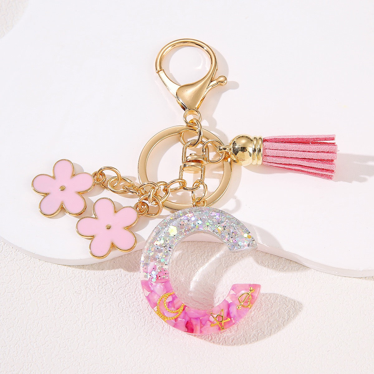Glitter Resin Letter Keychain – Pink Flower & Tassel Charm