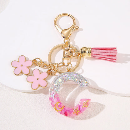 Glitter Resin Letter Keychain – Pink Flower & Tassel Charm