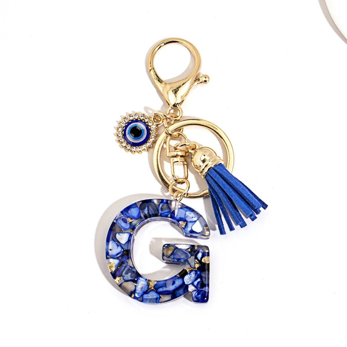 Custom Blue Evil Eye Initial Keychain – Personalized Resin Letter Bag Charm V Boutique Studio
