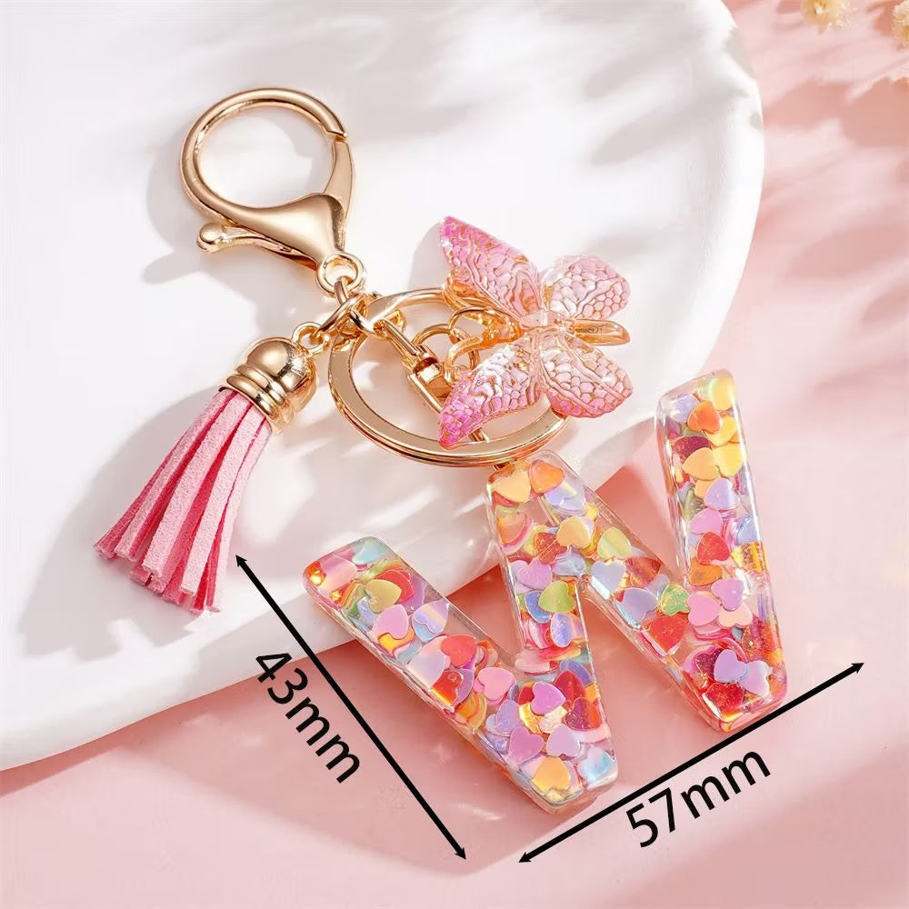 Custom Pink Glitter Initial Keychain with Butterfly & Heart Charm V Boutique Studio