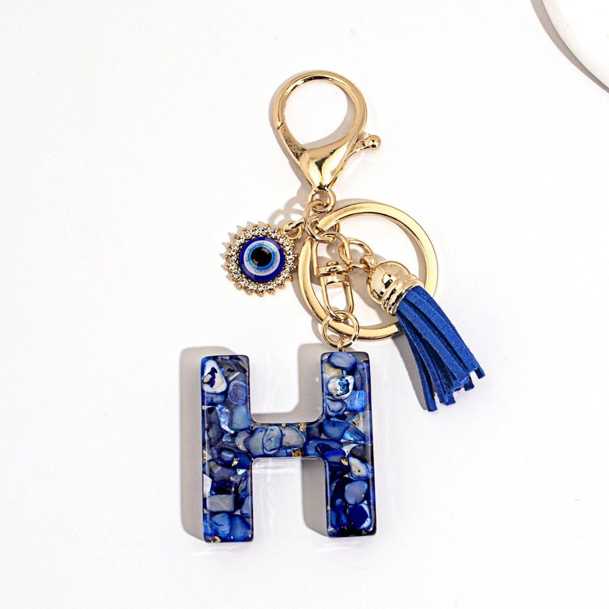 Custom Blue Evil Eye Initial Keychain – Personalized Resin Letter Bag Charm V Boutique Studio