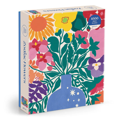 Zodiac Flowers 1000-piece puzzle by Galison featuring a bold and colorful illustration of flowers in a blue vase decorated with astrological symbol.