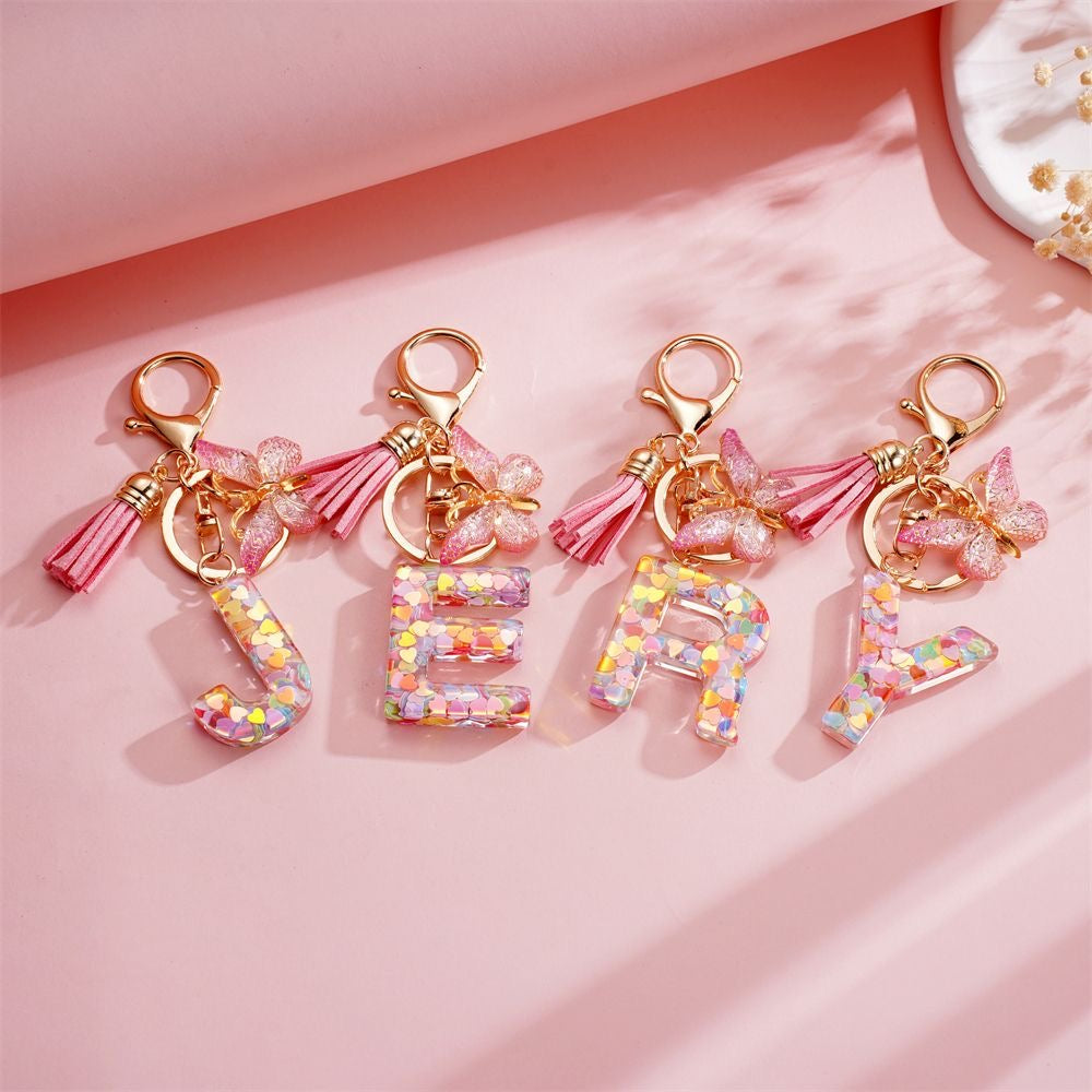 Custom Pink Glitter Initial Keychain with Butterfly & Heart Charm V Boutique Studio