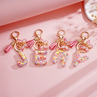 Custom Pink Glitter Initial Keychain with Butterfly & Heart Charm V Boutique Studio