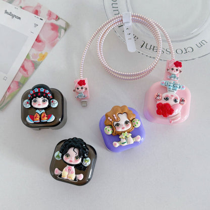 Cute Cartoon Girl Charging Cable Protector Set – 3D Plug, Cord & Case Covers