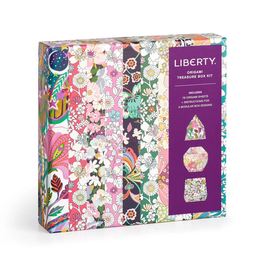 Liberty Origami Treasure Box Kit featuring decorative papers with Liberty floral patterns for creating folded paper treasure boxes.