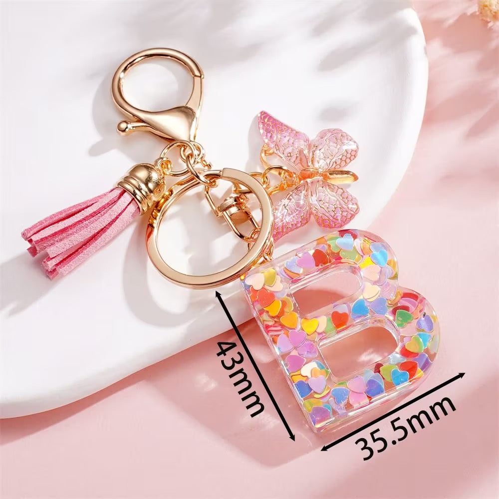 Custom Pink Glitter Initial Keychain with Butterfly & Heart Charm V Boutique Studio