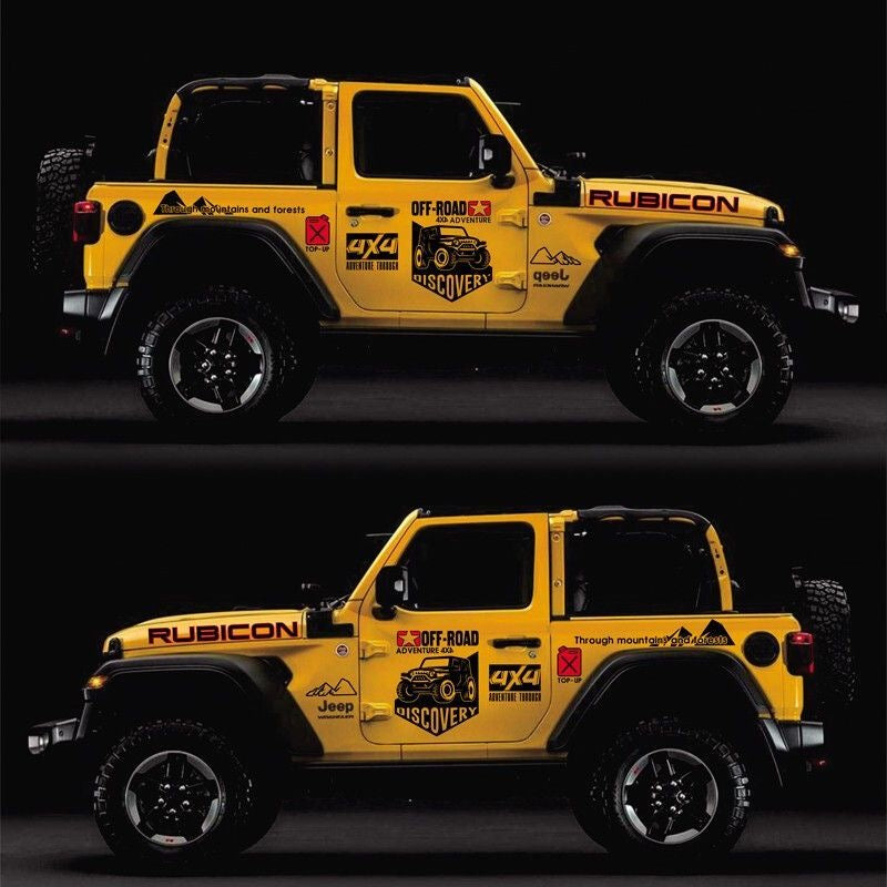 Rubicon 4x4 off-road decal set on yellow Jeep Wrangler – full vehicle view with vinyl stickers applied to hood, door, and rear