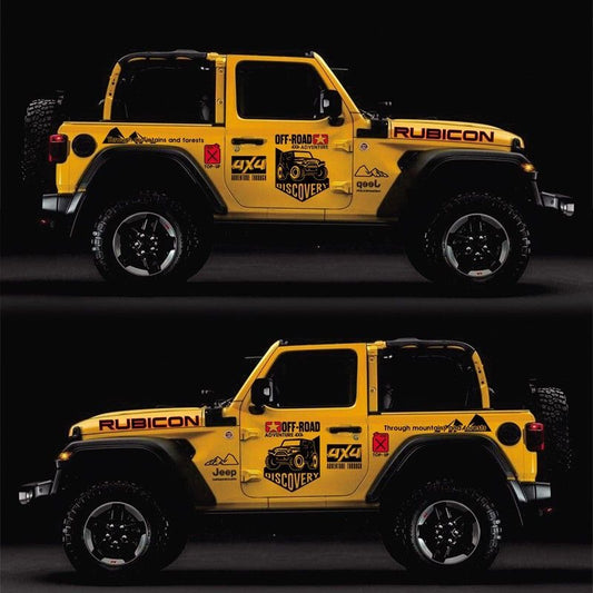 Rubicon 4x4 off-road decal set on yellow Jeep Wrangler – full vehicle view with vinyl stickers applied to hood, door, and rear