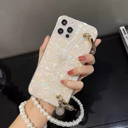 Glamorous Shell Phone Case with Pearl Crossbody Lanyard